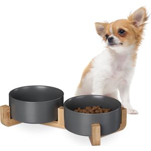 Relaxdays hondenvoerbak - keramiek - 850 ml - dubbel - met bamboe houder - 9x32x17 cm - grijs
