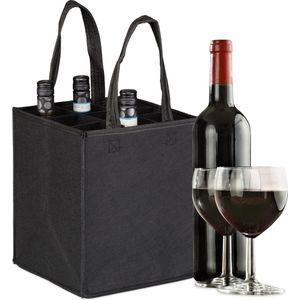 Relaxdays flessentas - voor 9 flessen - vooor bier en wijn - boodschappentas - 45 x 24 x 24 cm - zwart