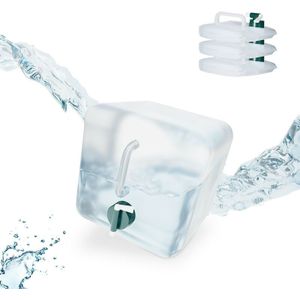 Relaxdays opvouwbare jerrycan set van 4, 5 liter, platte waterzak met kraan, BPA-vrij, camping, transparant/groen