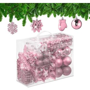 Relaxdays kerstballen set van 100 - plastic - onbreekbaar - mat - glanzend - glitters - 10 designs - roze