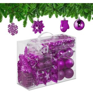 Relaxdays kerstballen set van 100, met glitters, glanzend en mat, kerstboomversiering, 10 designs, paars