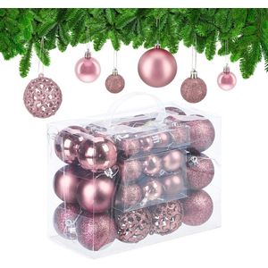 Relaxdays kerstballen set van 50 - traditioneel - kunststof - kerstboomversiering - los - roze