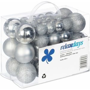 Relaxdays 50 stuks kerstballen van kunststof, glinsterend, mat en glanzend, diameter van 3, 4 en 6 cm, zilverkleurig