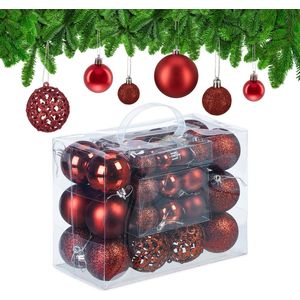 Relaxdays kerstballen - 50x st - rood - 3, 4 en 6 cm - kunststof - mat/glans/glitter - Kerstbal