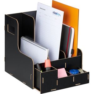 Relaxdays tijdschriftencassette - 3 vakken - A4 formaat - met bureau organizer - mdf - staand - zwart