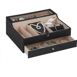 Relaxdays sieradendoos, met vakken en lade, lederlook & fluweel, mannen & vrouwen, HBD 13 x 34 x 31 cm, diverse kleuren
