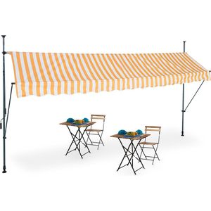 Relaxdays klem-zonwering - markies - verstelbaar - gestreept - zonnescherm - wit/oranje - 400 x 120 cm