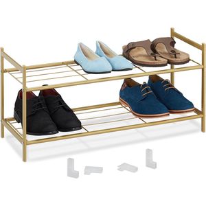 Relaxdays schoenenrek, metaal, 2 etages, stapelbaar, uitbreidbaar, HBD: 33,5 x 70 x 26 cm, voor 6 paar schoenen, goud