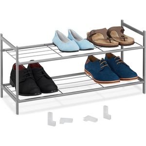 Relaxdays schoenenrek, metaal, 2 etages, stapelbaar, uitbreidbaar, HBD: 33,5 x 70 x 26 cm, voor 6 paar schoenen, zilver