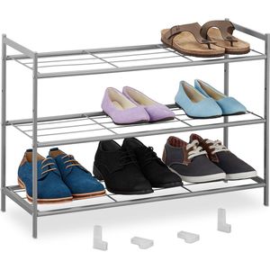 Relaxdays schoenenrek, metaal, 3 etages, stapelbaar, uitbreidbaar, HBD: 50 x 70 x 26 cm, voor 9 paar, zilver
