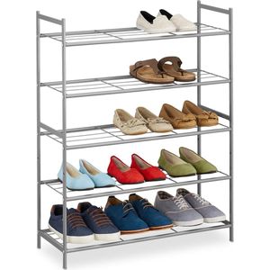 Relaxdays schoenenrek, metaal, 5 etages, stapelbaar, uitbreidbaar, HBD: 90 x 70 x 26 cm, voor 15 paar, zilver