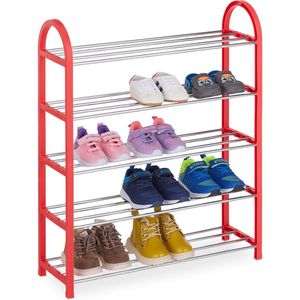 Relaxdays schoenenrek kinderen - tot maat 30 - laag opbergrek voor 15 paar kinderschoenen - rood