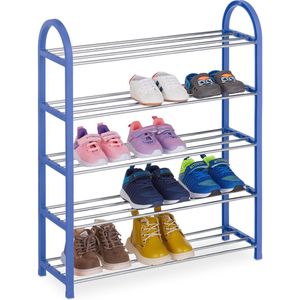 Relaxdays schoenenrek voor kinderen, 15 paar kinderschoenen, tot maat 30, ruimtebesparend schoenenmeubel, licht, blauw