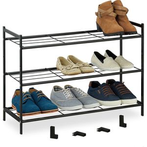 Relaxdays schoenenrek, metaal, 3 etages, stapelbaar, uitbreidbaar, HBD: 50 x 70 x 26 cm, voor 9 paar, zwart