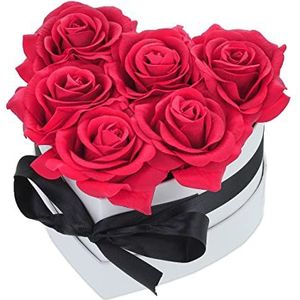 Relaxdays Bloembak in hartvorm, 6 rozen, nobel, moederdaggeschenk, Valentijnsdag, handgemaakte bloemenbox, wit/rood