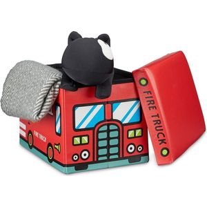 Relaxdays poef met opbergruimte voor kinderen - speelgoedkist - kinderhocker - met print - Fire Truck