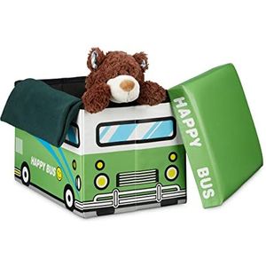 Relaxdays poef met opbergruimte voor kinderen - speelgoedkist - kinderhocker - met print - Happy Bus