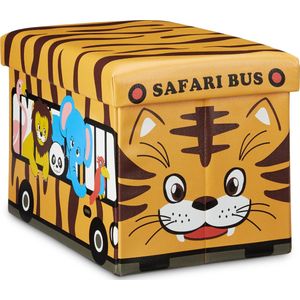 Relaxdays poef met opbergruimte voor kinderen - speelgoedkist - kinderhocker - met print - Safari Bus