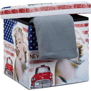 Relaxdays - Faltbarer Sitzhocker Marilyn Monroe, stabil, mit trendigen Motiven, Kunstleder, Aufbewahrungsbox, New York