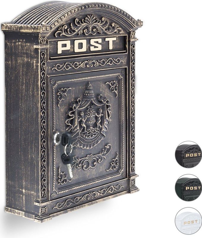 Relaxdays wandbrievenbus antiek - nostalgische brievenbus - Engels design - A4 formaat - bronzen