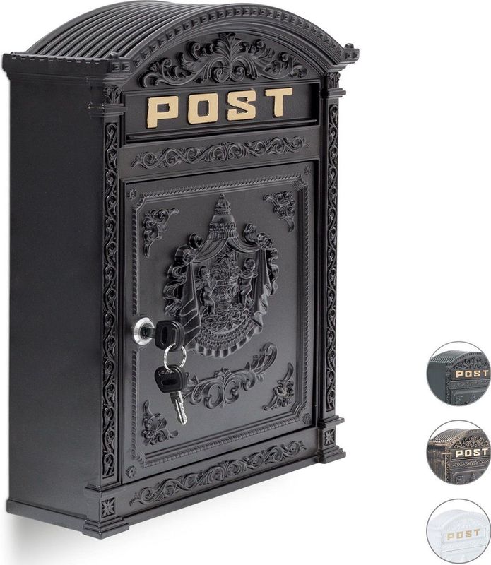 Relaxdays brievenbus antiek - muur - met slot - 44,5 x 31 x 9,5 cm - zwart
