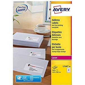 AVERY - Verpakking met 840 adresetiketten, zelfklevend, bedrukbaar, formaat 63,5 x 38,1 mm, laserdruk, (L7160-40)