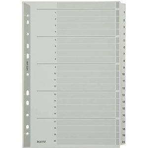 Leitz Tabbladen voor A4, omslag en 20 scheidingsbladen, tabbladen met cijferopdruk 1-20, gatrand en kleurrijke tabbladen met folie versterkt (Mylar), grijs, karton, 43260000