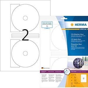 HERMA 8885 CD/DVD-etiketten incl. positioneringshulp voor inkjetprinters A4 (Ø 116 mm MAXI, 10 velles, papier, glanzend) zelfklevend, bedrukbare, permanent heldere CD-stickers, 20 etiketten, wit