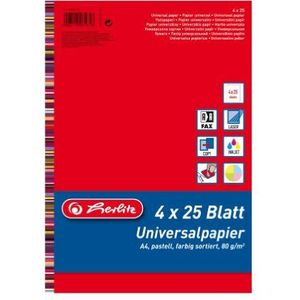 Herlitz 5031612 universeel papier Colourmix pastel, A4, 80 g/m², 100 vellen gesorteerd op kleuren: rood, blauw, groen, geel