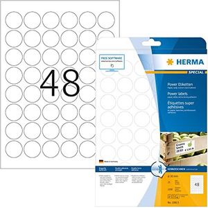 HERMA 10915 powerlabels A4 (Ø 30 mm, 25 vellen, papier, mat, rond) zelfklevend, bedrukbaar, extreme sterk klevende universele etiketten, 1.200 etiketten voor printer, wit
