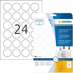 HERMA 8023 weerbest folielabels A4 transparant (Ø 40 mm, 25 velles, polyesterfolie, glanzend, rond) zelfklevend, bedrukbaar, permanent klevende etiketten, 600 etiketten voor printer