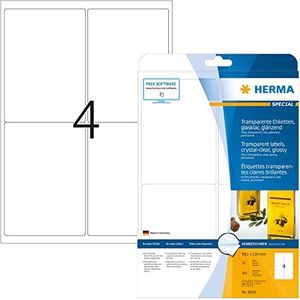HERMA 8019 weerbestendige folie-etiketten A4 transparant (99,1 x 139 mm, 25 vellen, polyesterfolie, glanzend) zelfklevend, bedrukbaar, permanent klevende labels, 100 etiketten voor printer,Glanzend