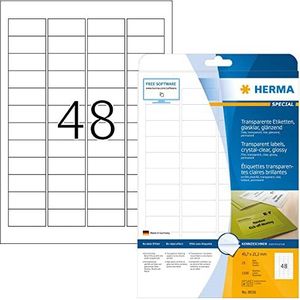 HERMA 8016 weerbest folielabels A4 transparant (45,7 x 21,2 mm, 25 velles, polyesterfolie, glanzend) zelfklevend, bedrukbaar, permanente klevende etiketten, 1200 etiketten voor printer