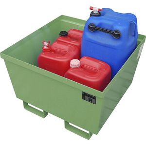 eurokraft pro Stalen opvangbak met randprofilering, l x b x h = 800 x 800 x 545 mm, zonder rooster, groen RAL 6011
