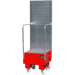 Verrijdbare lekbak met geperforeerde plaatwand, van staal, capaciteit 1 x 60 liter vat, rood