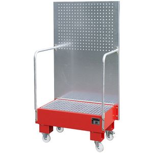 eurokraft pro Verrijdbare opvangbak met perforatieplaatwand, 2 naast elkaar staande vaten van 60 l, l x b x h = 570 x 890 x 1685 mm, vuurrood