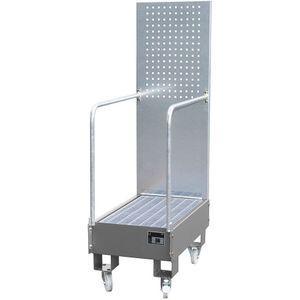 eurokraft pro Verrijdbare opvangbak met perforatieplaatwand, 2 achter elkaar staande vaten van 60 l, l x b x h = 875 x 500 x 1685 mm, muisgrijs