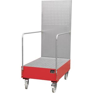 eurokraft pro Verrijdbare opvangbak met perforatieplaatwand, 2 achter elkaar staande vaten van 200 l, l x b x h = 1280 x 800 x 2015 mm, vuurrood