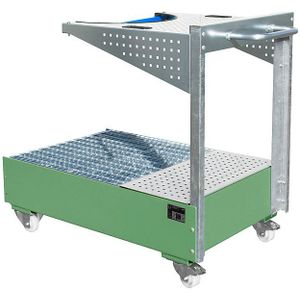 Verrijdbare opvangbak met geperforeerde plaatconsole, voor 1 vat van 200 l, l x b x h = 1450 x 800 x 1195 mm, resedagroen gelakt, vanaf 2 stuks