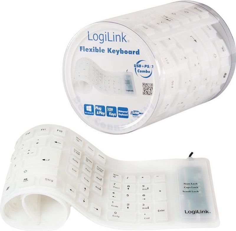 LogiLink ID0018A - Toetsenbord - Wit - Silicone - Oprolbaar en Waterdicht