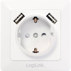 LogiLink PA0162 geaard stopcontact met 2 x USB voor het opladen van smartphones, mobiele telefoons, e-books, tablets, etc, inbouwdoos (DE 80 x 80 mm) met kinderbeveiliging
