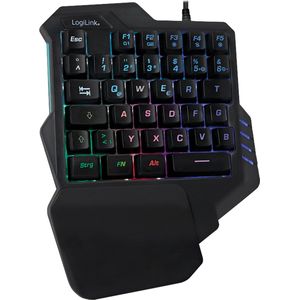 LogiLink Verlicht gaming toetsenbord met één hand met ergonomische palmsteun en geweldige lichteffecten en programmeerbare toetsen voor Windows, Linux en MAC in zwart, ID0181