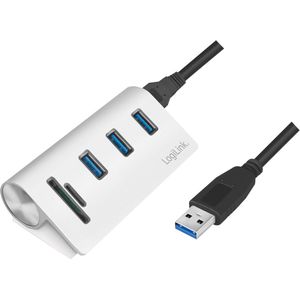 LogiLink CR0045 USB 3.0-hub 3 + 2 poorten Met aluminium behuizing, Met ingebouwde SD-kaartlezer Zilver