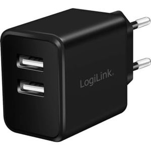 LogiLink PA0210 Fast Charging USB-stekkeradapter (2 x USB-A, 12 W) voor smartphones/tablets/mp3/mp4-speler, eBooks/navigatie enz. met overbelastingsbeveiliging, diepontlading, overbelastingsbeveiliging, kortsluitbeveiliging, zwart
