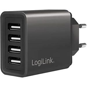 LogiLink PA0211 Fast Charging - USB-stekkeradapter (4 x USB-A, 24 W) voor smartphones/tablets/MP3/MP4-speler, eBooks/navigatie etc. met overbelastingsbeveiliging, diepontlading, bescherming tegen overbelasting, kortsluiting, zwart