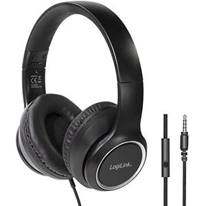 LogiLink HS0053 stereo hoofdtelefoon met microfoon, geïntegreerde bedieningselementen, zachte oorkussens en gemakkelijk verstelbare hoofdband in normaal zwart