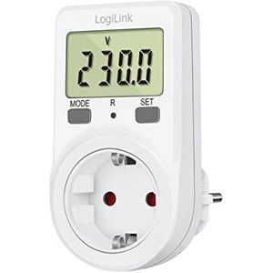 LogiLink EM0002B meetinstrument met groot lcd-display, weergave: vermogen in watt, netspanning, energieverbruik, energiekosten en overbelastingswaarschuwing, wit