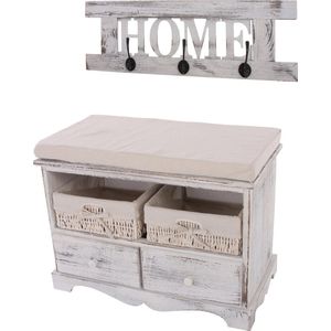 Kledingkast met bank commode met 2 manden 42x62x33cm, shabby look, vintage ~ wit