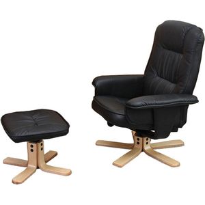 Relaxfauteuil M56, TV-fauteuil TV-fauteuil met voetenbankje, kunstleer eucalyptushout ~ zwart