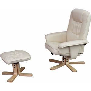 Relaxfauteuil M56, TV-fauteuil TV-fauteuil met voetenbankje, kunstleer eucalyptushout ~ crème